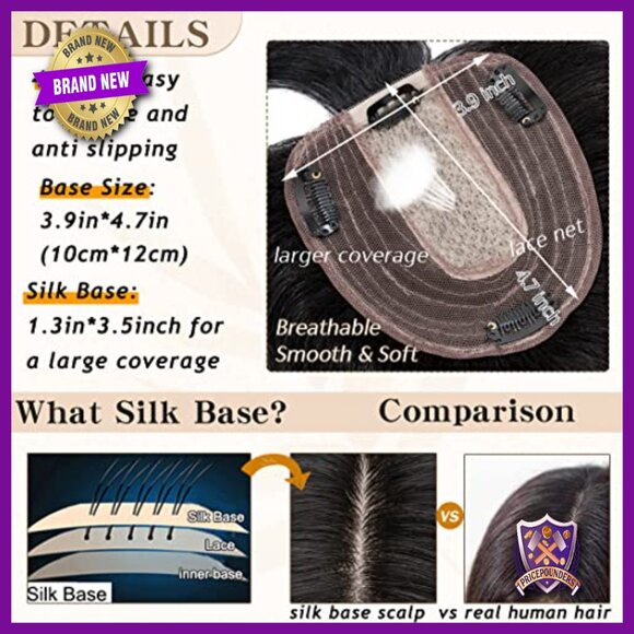 Silk Base Human Hair Topper with Bangs, 10 Inch, 130% Density Clip-In main image 5